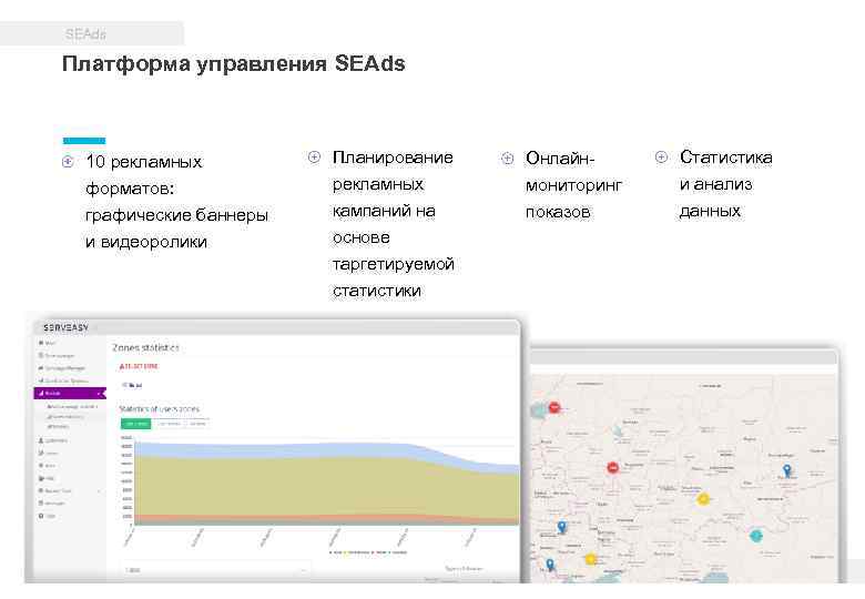 SEAds Платформа управления SEAds 10 рекламных форматов: Планирование рекламных Онлайнмониторинг Статистика и анализ графические