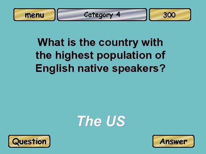 menu Category 4 300 What is the country with the highest population of English