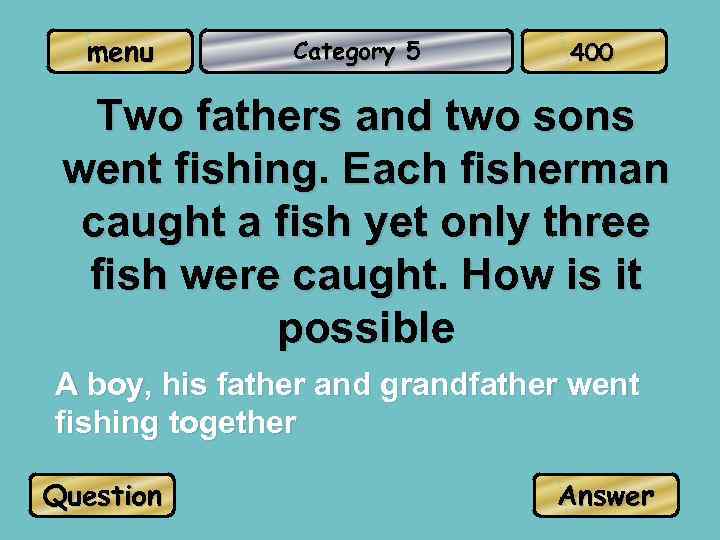 menu Category 5 400 Two fathers and two sons went fishing. Each fisherman caught