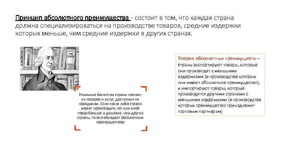 Принцип абсолютного преимущества - состоит в том, что каждая страна должна специализироваться на производстве