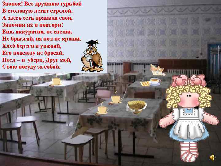 Звонок! Все дружною гурьбой В столовую летят стрелой. А здесь есть правила свои, Запомни