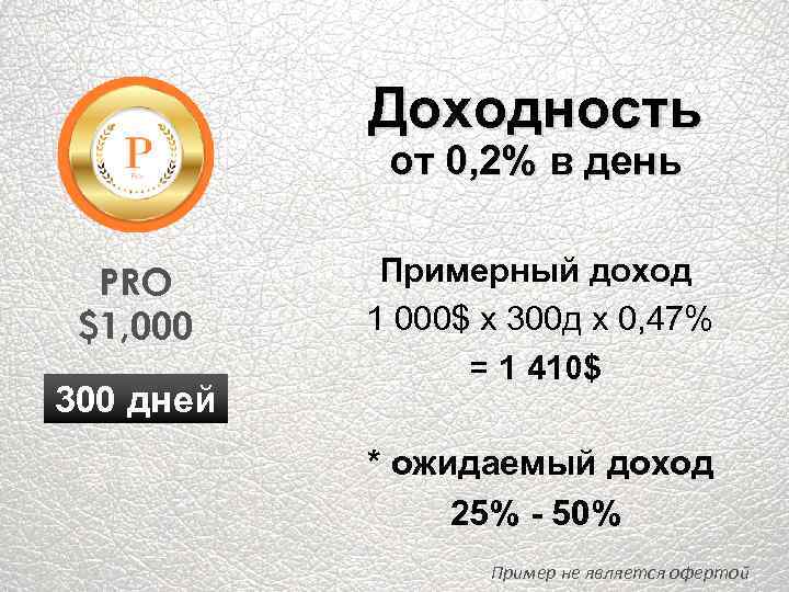 Доходность от 0, 2% в день PRO $1, 000 300 дней Примерный доход 1