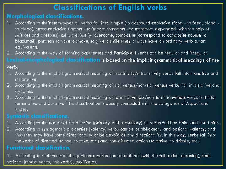Classifications of English verbs Morphological classifications. 1. According to their stem-types all verbs fall