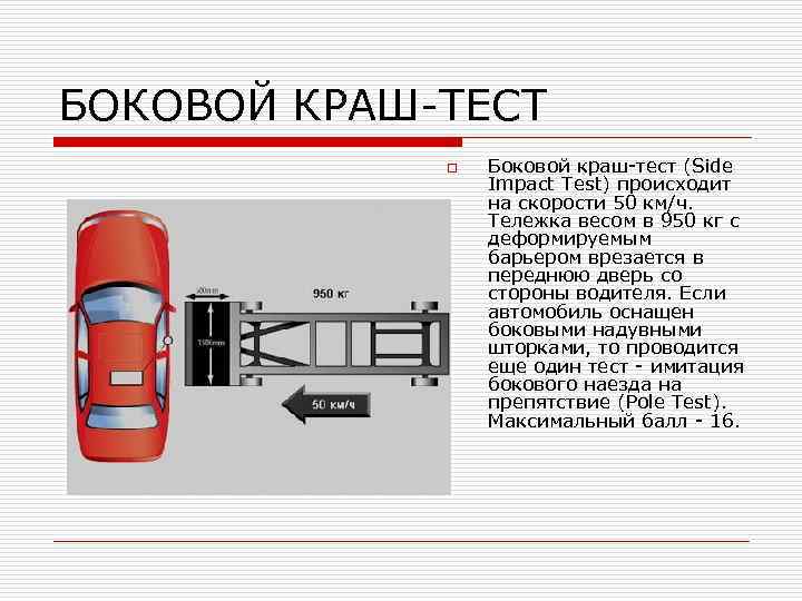 БОКОВОЙ КРАШ-ТЕСТ o Боковой краш-тест (Side Impact Test) происходит на скорости 50 км/ч. Тележка