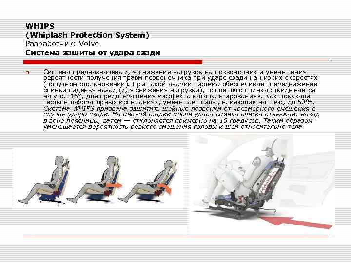 WHIPS (Whiplash Protection System) Разработчик: Volvo Система защиты от удара сзади o Система предназначена