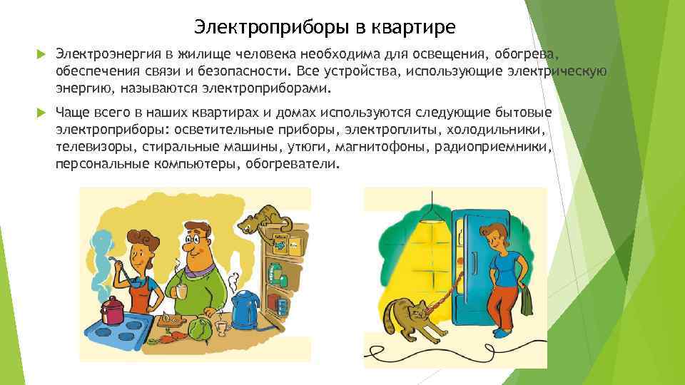 Электроприборы в квартире Электроэнергия в жилище человека необходима для освещения, обогрева, обеспечения связи и