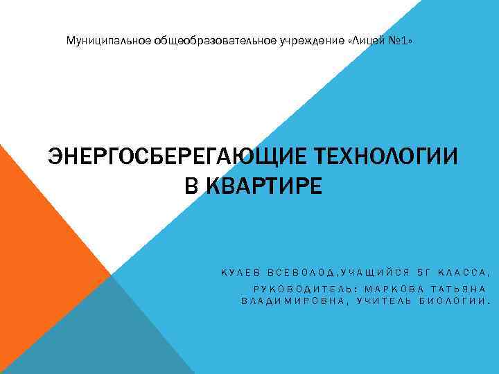 Муниципальное общеобразовательное учреждение «Лицей № 1» ЭНЕРГОСБЕРЕГАЮЩИЕ ТЕХНОЛОГИИ В КВАРТИРЕ КУЛЕВ ВСЕВОЛОД, УЧАЩИЙСЯ 5