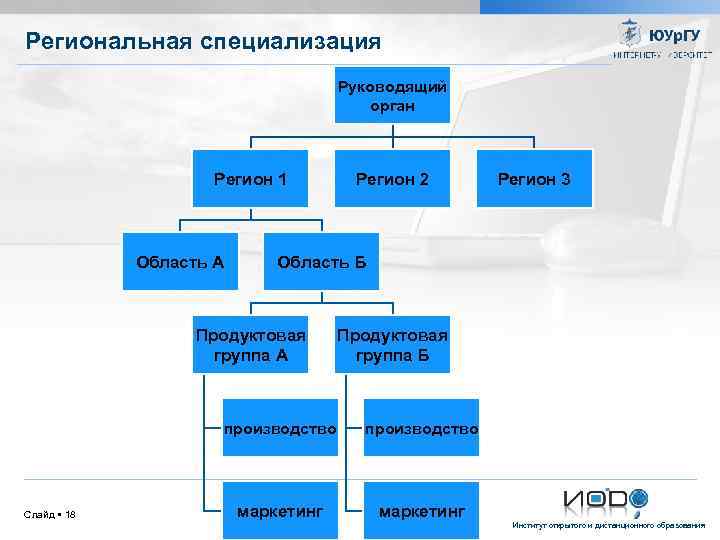 Региональная специализация Руководящий орган Регион 1 Область А Регион 2 Область Б Продуктовая группа