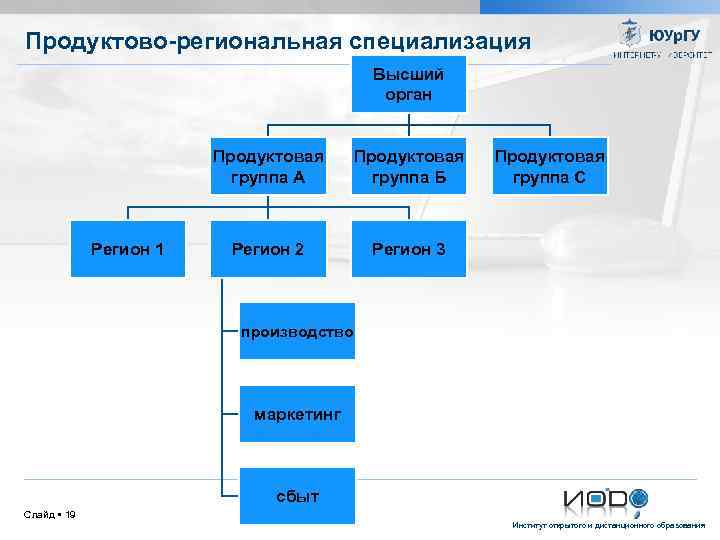 Продуктово-региональная специализация Высший орган Продуктовая группа А Регион 1 Продуктовая группа Б Регион 2