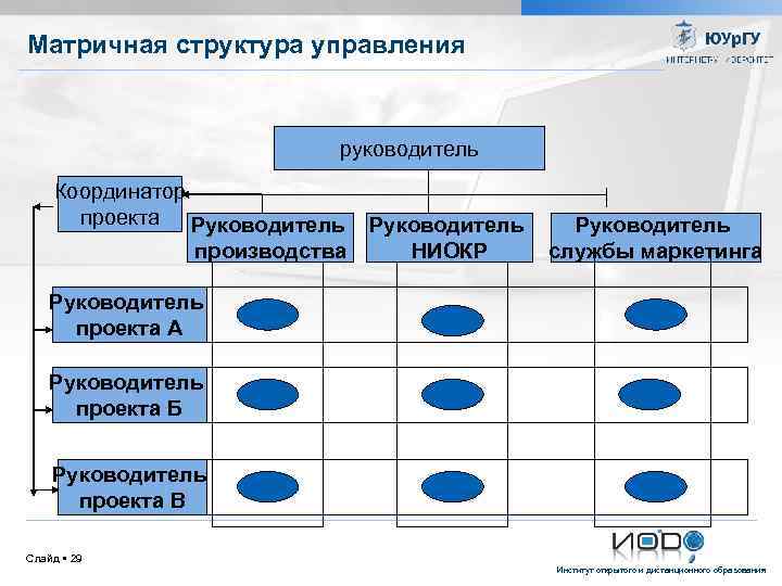 Матричная структура управления руководитель Координатор проекта Руководитель производства Руководитель НИОКР Руководитель службы маркетинга Руководитель