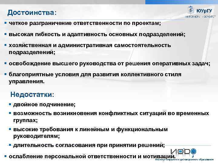 Достоинства: четкое разграничение ответственности по проектам; высокая гибкость и адаптивность основных подразделений; хозяйственная и