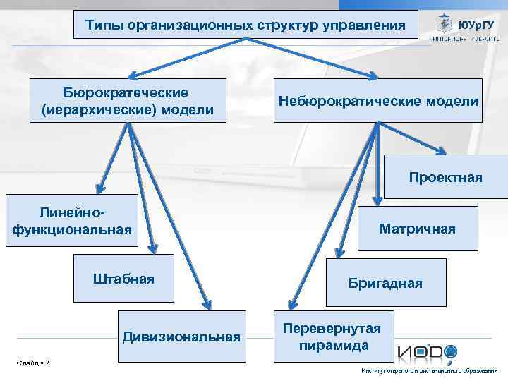 Типы организационных структур управления Бюрократеческие (иерархические) модели Небюрократические модели Проектная Линейнофункциональная Штабная Дивизиональная Матричная