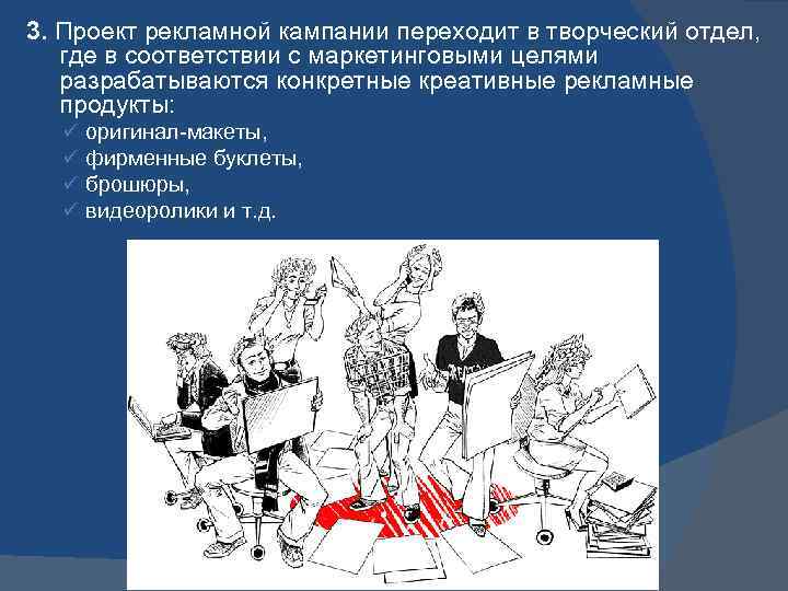 3. Проект рекламной кампании переходит в творческий отдел, где в соответствии с маркетинговыми целями