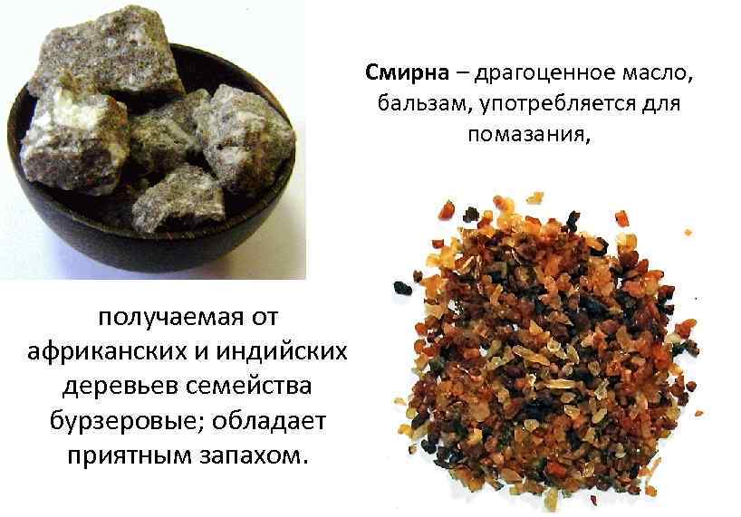 Смирна – драгоценное масло, бальзам, употребляется для помазания, получаемая от африканских и индийских деревьев