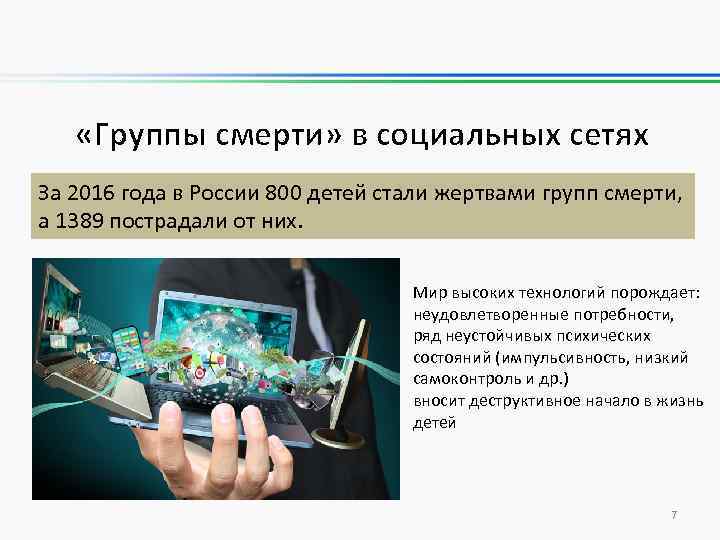  «Группы смерти» в социальных сетях За 2016 года в России 800 детей стали