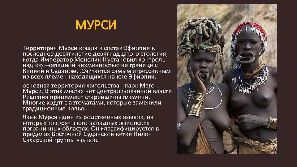 МУРСИ Территория Мурси вошла в состав Эфиопии в последнее десятилетие девятнадцатого столетия, когда Император