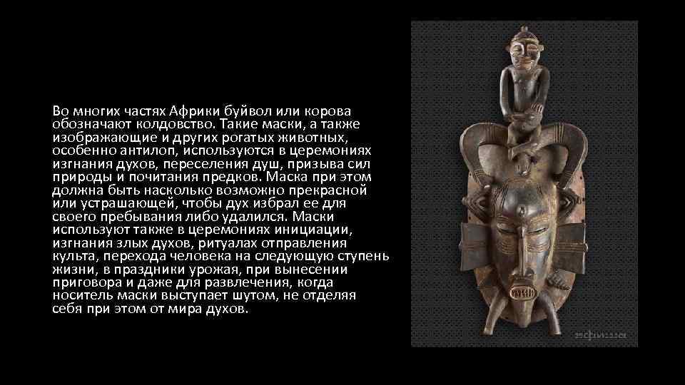 Во многих частях Африки буйвол или корова обозначают колдовство. Такие маски, а также изображающие