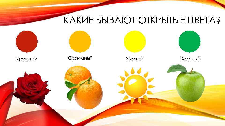 КАКИЕ БЫВАЮТ ОТКРЫТЫЕ ЦВЕТА? Красный Оранжевый Желтый Зелёный 