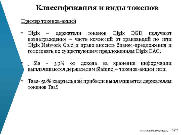 Классификация и виды токенов Пример токенов-акций • Digix – держатели токенов Digix DGD получают