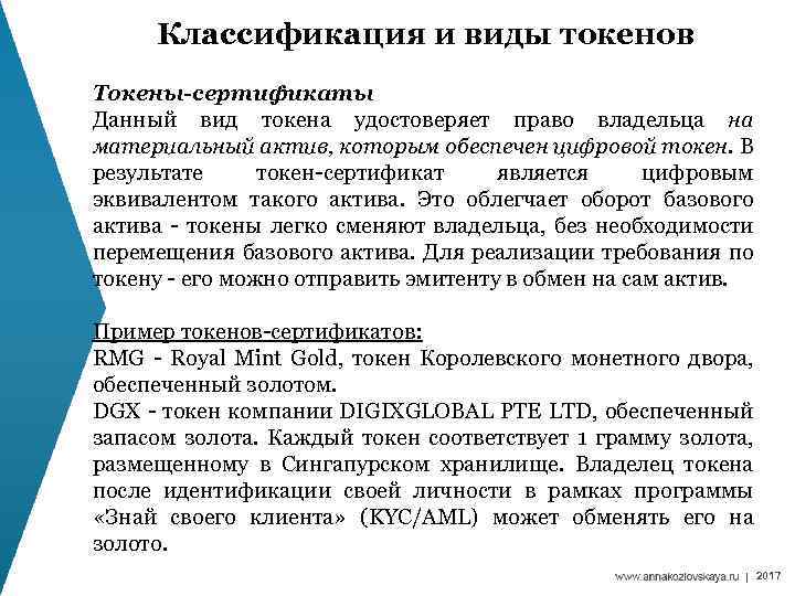 Классификация и виды токенов Токены-сертификаты Данный вид токена удостоверяет право владельца на материальный актив,