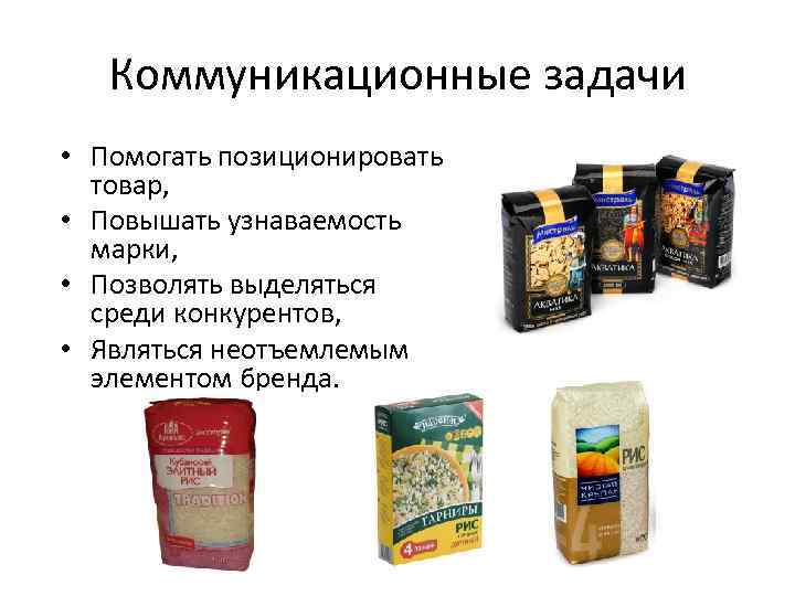 Коммуникационные задачи • Помогать позиционировать товар, • Повышать узнаваемость марки, • Позволять выделяться среди