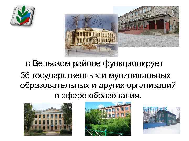в Вельском районе функционирует 36 государственных и муниципальных образовательных и других организаций в сфере