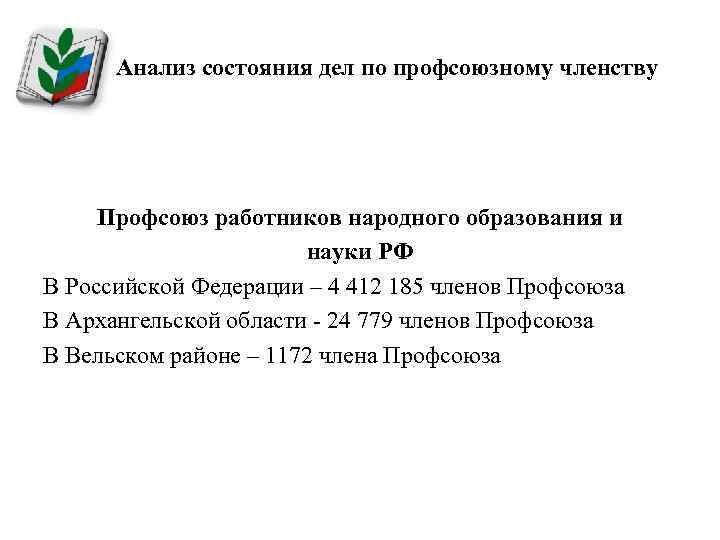 Анализ состояния дел по профсоюзному членству Профсоюз работников народного образования и науки РФ В