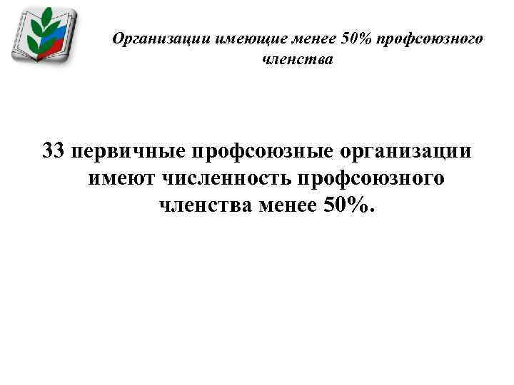 Организации имеющие менее 50% профсоюзного членства 33 первичные профсоюзные организации имеют численность профсоюзного членства