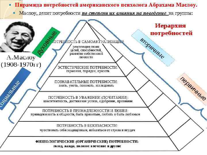  Пирамида потребностей американского психолога Абрахама Маслоу, делит потребности по степени их влияния на