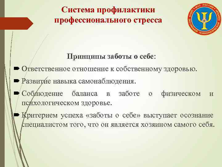Система профилактики профессионального стресса Принципы заботы о себе: Ответственное отношение к собственному здоровью. Развитие