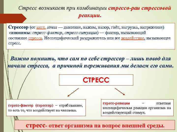 Стресс возникает при комбинации стрессо ра стрессовой и реакции. Стрессор (от англ. stress —