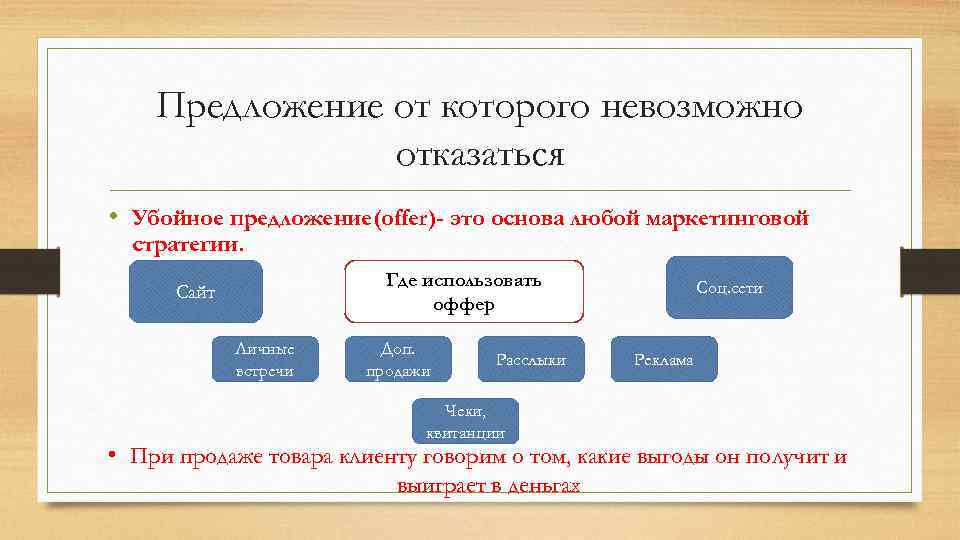 Предложение от которого невозможно отказаться • Убойное предложение(offer)- это основа любой маркетинговой стратегии. Где