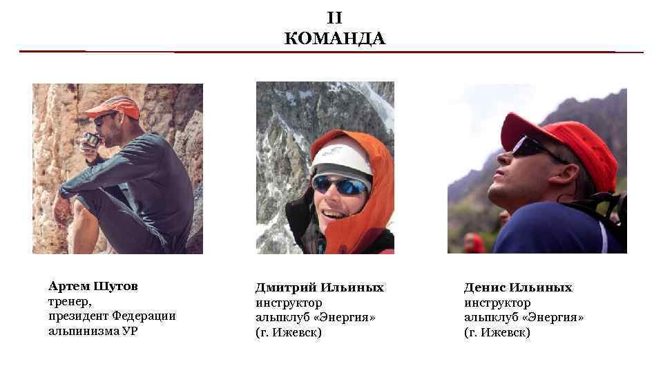 II КОМАНДА Артем Шутов тренер, президент Федерации альпинизма УР Дмитрий Ильиных инструктор альпклуб «Энергия»
