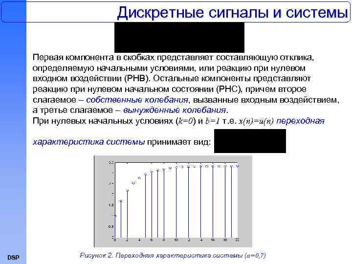 Дискретные сигналы и системы Первая компонента в скобках представляет составляющую отклика, определяемую начальными условиями,