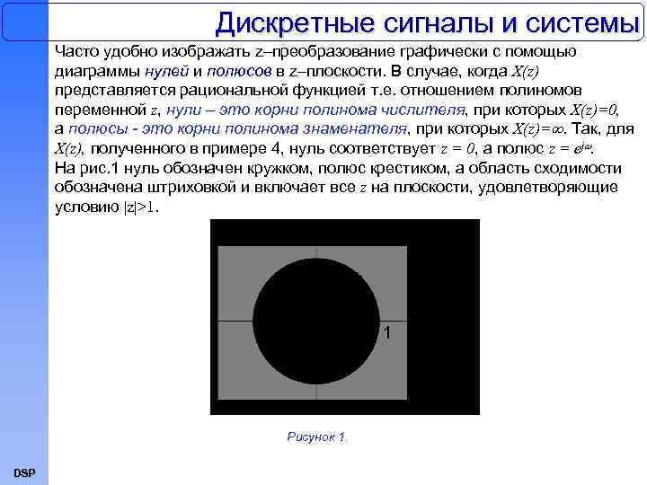 Дискретные сигналы и системы Часто удобно изображать z–преобразование графически с помощью диаграммы нулей и
