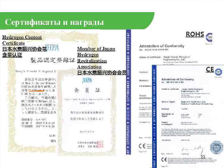 Сертификаты и награды Hydrogen Content Certificate 日本水素振兴协会氢 含量认证 ROHS Member of Japan Hydrogen Revitalization