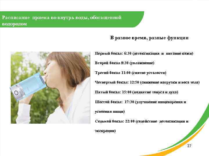 Расписание приема во внутрь воды, обогащенной водородом В разное время, разные функции Первый бокал: