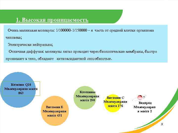 1. Высокая проницаемость - Очень маленькая молекула: 1/100000 -1/150000 – я часть от средней