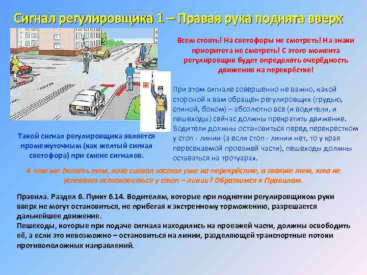 Сигнал регулировщика 1 – Правая рука поднята вверх Всем стоять! На светофоры не смотреть!