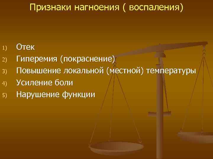 Признаки нагноения ( воспаления) 1) 2) 3) 4) 5) Отек Гиперемия (покраснение) Повышение локальной