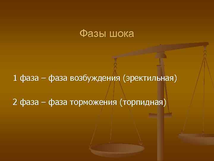 Фазы шока 1 фаза – фаза возбуждения (эректильная) 2 фаза – фаза торможения (торпидная)
