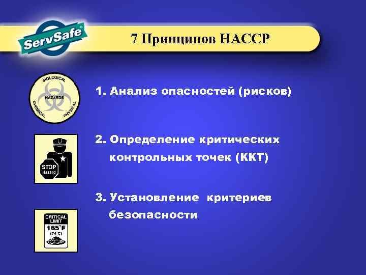 7 Принципов НАССР 1. Анализ опасностей (рисков) 2. Определение критических контрольных точек (ККТ) 3.