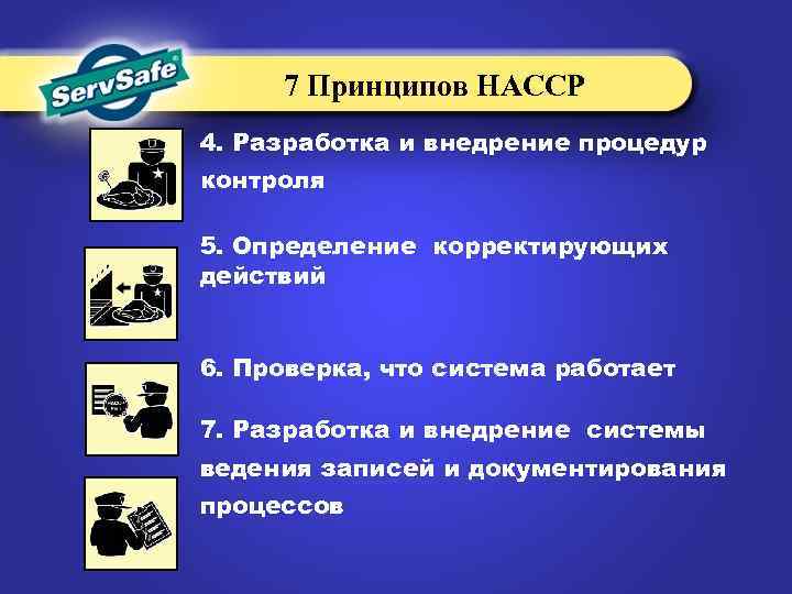 7 Принципов НАССР 4. Разработка и внедрение процедур контроля 5. Определение корректирующих действий 6.