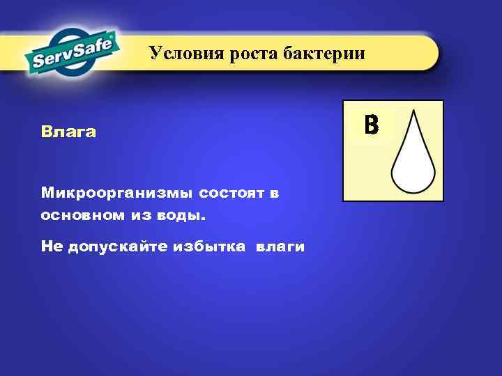 Условия роста бактерии Влага Микроорганизмы состоят в основном из воды. Не допускайте избытка влаги