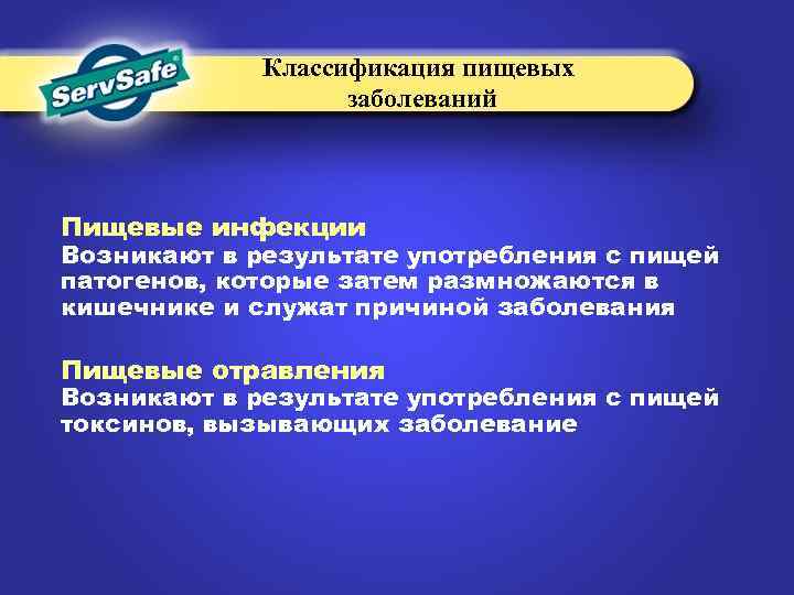 Классификация пищевых заболеваний Пищевые инфекции Возникают в результате употребления с пищей патогенов, которые затем