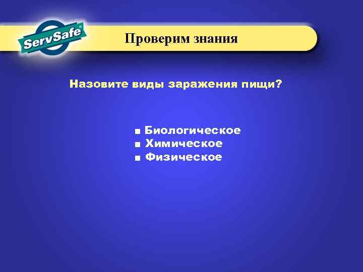 Проверим знания Назовите виды заражения пищи? ■ Биологическое ■ Химическое ■ Физическое 