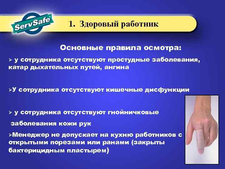 1. Здоровый работник Основные правила осмотра: у сотрудника отсутствуют простудные заболевания, катар дыхательных путей,