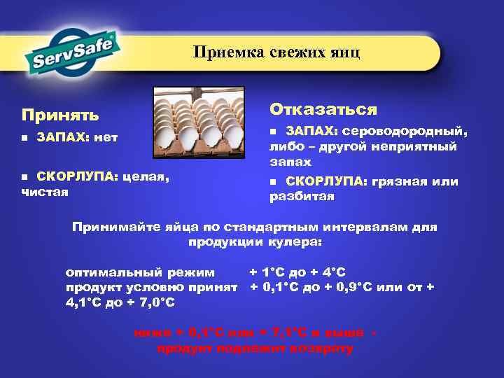 Приемка свежих яиц Отказаться Принять n СКОРЛУПА: целая, чистая n ЗАПАХ: сероводородный, либо –
