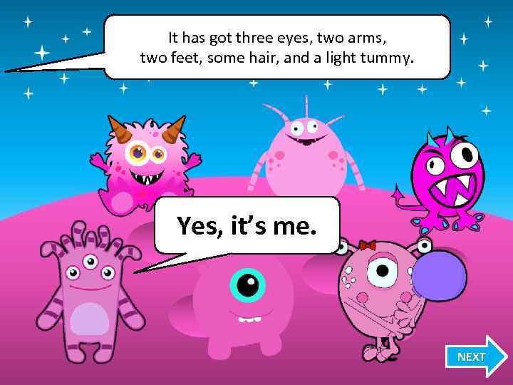 It has got three eyes, two arms, two feet, some hair, and a light