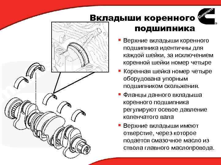 Вкладыши коренного подшипника § Верхние вкладыши коренного подшипника идентичны для каждой шейки, за исключением
